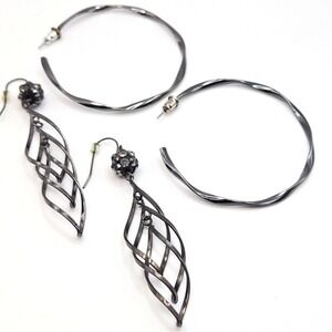 Two Pair of Gunmetal Earrings Twisted Hoop and Leaf Drop Set Rhinestone Accents